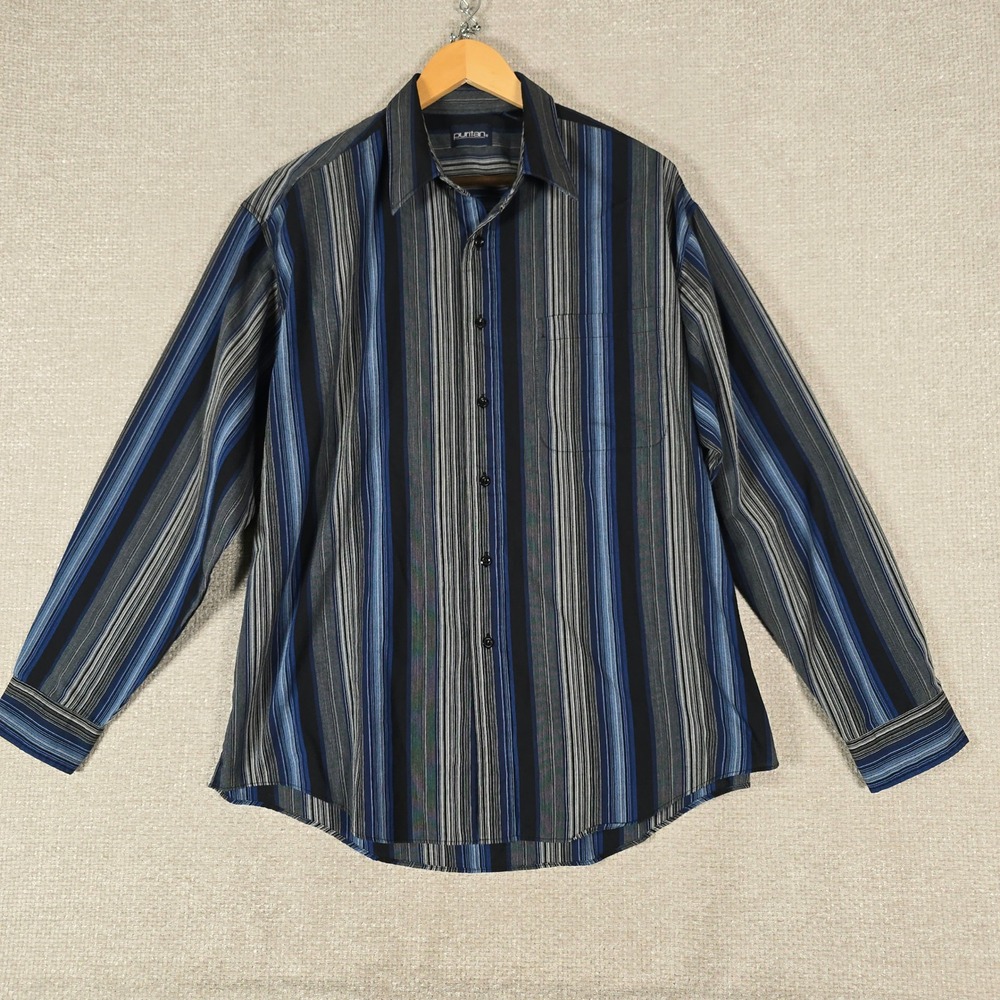 Puritan Mens Blue Black Striped Long Sleeve Button Down Shirt Size L 16.5‎ 35-36